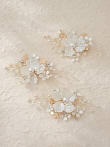 Juego de 3 piezas de elegantes pinzas para el cabello con flores de concha falsa, pinzas laterales con hojas de perlas y strass, accesorios para peinados de novia y dama de honor - Dorado - Ver 7