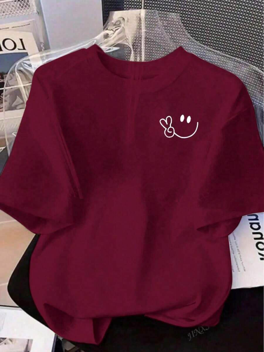 Y2K Style, Fashionable Style, 2026 Newest, Cute Style, Casual Style. Slim-Fit Knit T-Shirt In A Casual And Elegant Style, Women's Short-Sleeved T-Shirt With Small Print, 180g (S-XXXL) - 紅色 - 查看 1