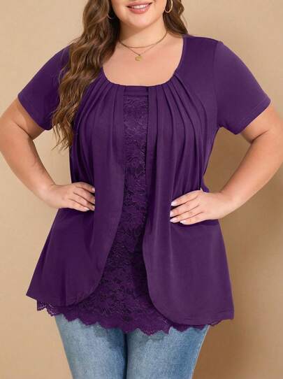 Whisplicity 大码女式纯色圆领褶皱蕾丝拼接短袖T恤，休闲夏季款