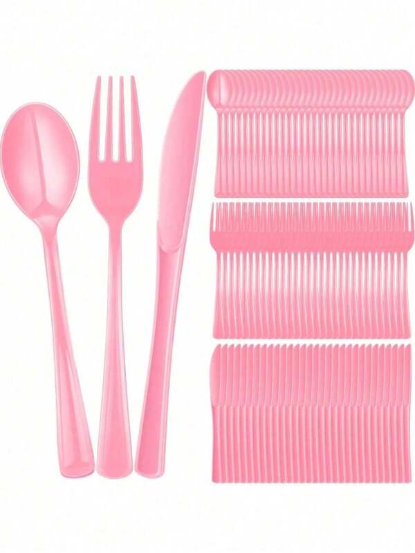150/75/25 Pink Party Tableware Set - Includes 25 Forks, 25 Knives And 25 Spoons, Reusable And Dishwasher . Ideal For Wedding Dinnerware, Holiday Parties, Banquets, Celebrations And Christmas Decor.