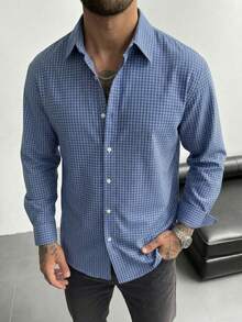 男士蓝白格子衬衫，时尚格子数码印花长袖纽扣衬衫，现代修身休闲衬衫，都市职业时尚春秋上衣。 - 彩色 - 查看 4