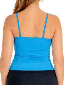 Women's Tank Top For Gym With Thin Straps, Slim Fit, Plain Polyamide, No Padding, With Double Fabric At The Bust - Cadet Blue - View 2