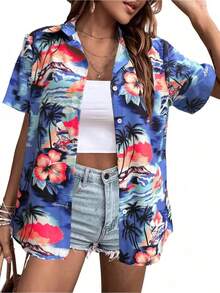 Plus-Size Women's Fashion Shirt, Palm Tree Hawaiian Print, Vibrant Summer Vacation Look,  Beach Button-Up Shirt, Women's Summer Dress, Beautiful Women's Shirt, Short-Sleeved, Summer Style, Women's Top, Versatile Clothing - 混合顏色 - 查看 6