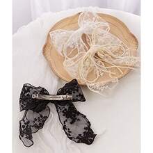 3 Pieces Lace Bow Pearl Chain Hair Clips Flower Embroidery Non Slip Hair Bow Barrettes For Women And Girls White Beige Black - 白色 - 查看 5