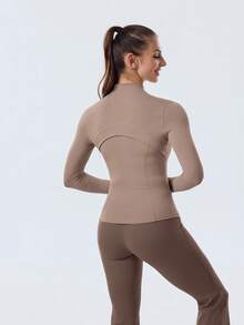 Women's High-Stretch Sculpting BBL Jacket With Thumb Holes Gold Zip Stand Collar Multi-Occasion Activewear Top - Màu nâu xám/Vàng - Xem 3