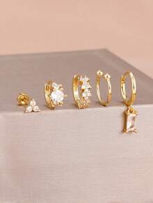 Bộ 5 khuyên tai hình tam giác mạ vàng 18K dành cho nữ và bé gái, chất liệu thép không gỉ, đính đá Zirconia sang trọng, kiểu dáng khuyên tai vòng, trang sức nổi bật. - 1-Vàng-5 CÁI - Xem 2