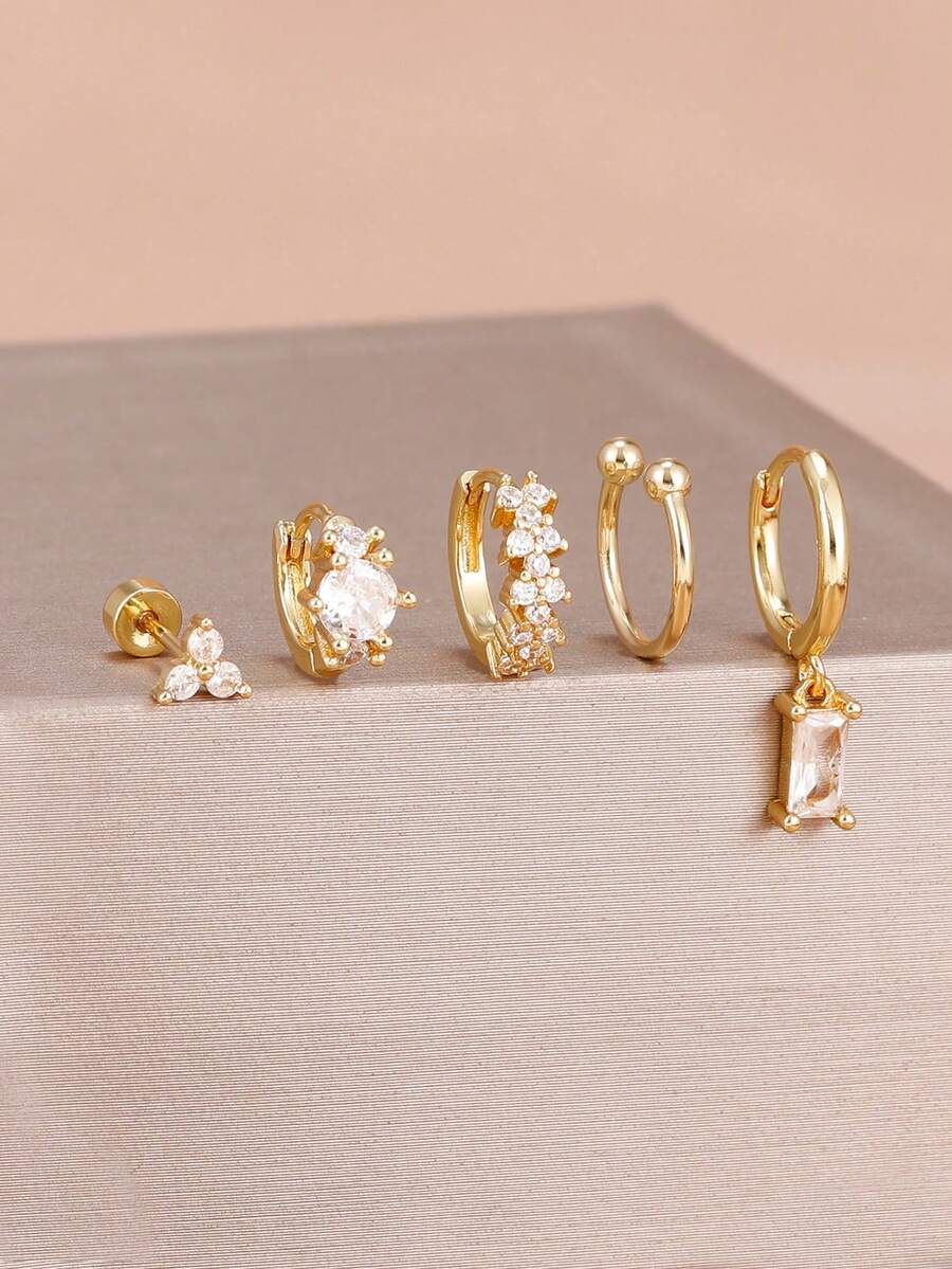 Bộ 5 khuyên tai hình tam giác mạ vàng 18K dành cho nữ và bé gái, chất liệu thép không gỉ, đính đá Zirconia sang trọng, kiểu dáng khuyên tai vòng, trang sức nổi bật. - 1-Vàng-5 CÁI - Xem 1