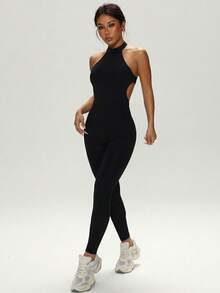 1pc Women's Jumpsuit, Spring/Summer Sports Bodysuit, One-Piece Outfit, Yoga/Fitness/Dance Wear, Removable Cup, Sexy Open Back, Shaping Waist & Abdomen, Soft & Comfortable Fabric, Suitable For Sports, Outdoor, Yoga, Gym, Dance, Casual, Home, Party & Holiday - Black - View 6