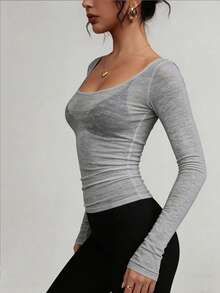 FLEXCHIC Elastic Sheer Long Sleeve Scoop Neck Fitted T-Shirt Top, Valentine's Day Edition - Grey - View 3