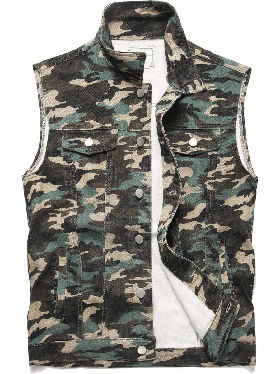 Men's Denim Vest Sleeveless Slim Fit Vintage Ripped Casual Denim Vest - 偽裝 - 查看 1