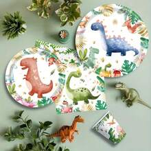 Dinosaur Theme Disposable Tableware Set, Including Plates, Napkins And Cups, Serves 24 Guests, Suitable For Birthday, Wedding, Party, Family Picnic And Other Occasions - Multicolor - View 5
