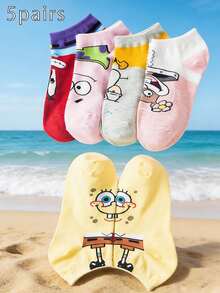 SpongeBob SquarePants 5 Pairs Women's Cartoon Ankle Socks, Thin Casual Sports Socks, Spring/Summer - Multicolor - View 4