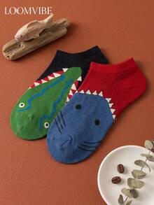 2 perechi de șosete unisex până la gleznă - 1 pereche cu model de rechin roșu și albastru, 1 pereche cu model de crocodil negru și verde, design grafic interesant cu animale, potrivite pentru purtare zilnică, pentru a adăuga o atmosferă plină de viață și distractivă ținutei tale. - Multicolor - Vizualizare 4