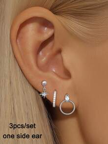 3 Pcs Zirconia Star Dangle Earrings Set For Women Gold Plated Cubic Zirconia Stud Hoop Earrings Stack Wedding Jewelry Accessories - 3 Pcs/Set - View 4