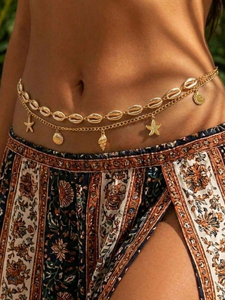 1pc Bohemian Style Starfish, Seashell & Golden Waist Chain, Women's Summer Fashion Body Jewelry, Body Chain Accessory Suitable For Street, Party And Beach Wear - Gold - View 1
