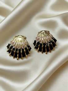 1 Pair Minimalist Black Pink Enamel Shell Earrings, Versatile Gold Plated Jewelry For Women, Great Mother's Day Gift For Office, Casual & Family Gathering - Multicolor - View 7