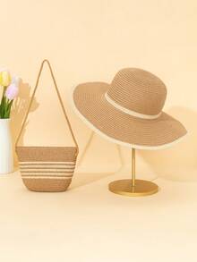 Bộ 2 mũ lưỡi trai kaki và 1 túi đeo chéo bằng rơm dành cho nữ, thời trang đa năng, phù hợp để đội hàng ngày, mũ chống nắng đi biển, mùa hè. - Nhiều màu - Xem 1