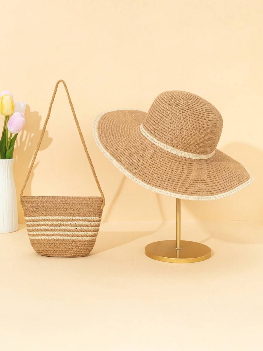 Bộ 2 mũ lưỡi trai kaki và 1 túi đeo chéo bằng rơm dành cho nữ, thời trang đa năng, phù hợp để đội hàng ngày, mũ chống nắng đi biển, mùa hè. - Nhiều màu - Xem 1