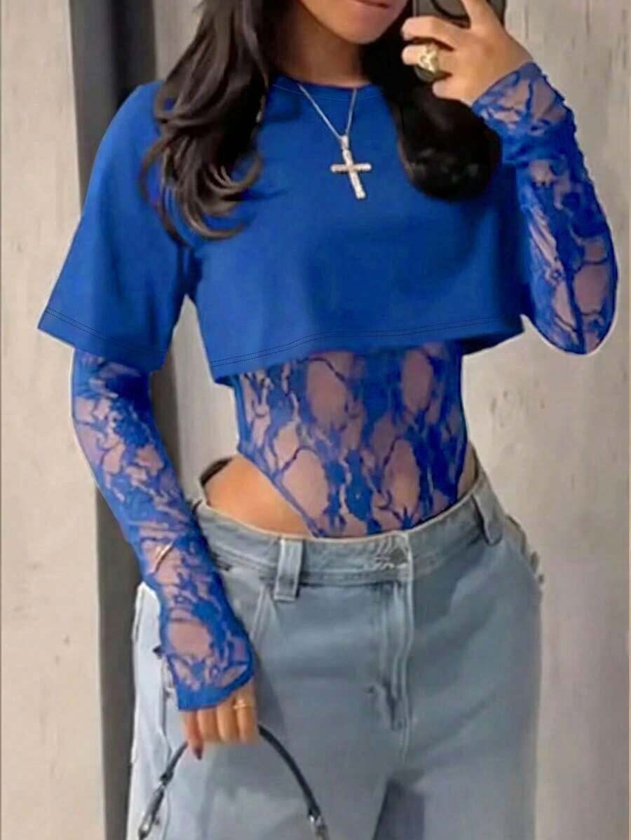 Body entero de encaje transparente para mujer, manga larga tul estampado floral, estilo sensual elegante, ideal para uso diario, citas, fiestas y espectáculos primavera verano - Azul - Ver 1