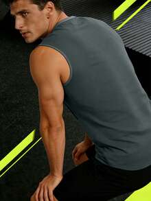 Camiseta de tirantes casual y versátil con diseño impreso minimalista de cuello redondo, ropa deportiva de unicolor simple y elegante para hacer ejercicio - Gris Oscuro - Ver 2