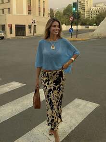 Sylvia 女士夏季纯色镂空蝙蝠袖船领宽松罩衫，轻薄网眼针织面料，防晒百搭，休闲舒适，简约性感，甜美清爽的海滩度假旅行装 - 藍色 - 查看 3