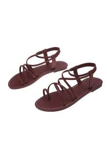 New Breathable Casual Sandals For Teenagers, Spring/Summer Fashion, Woven Double Straps With Elastic Back Strap, Flat Open Toe, Available In Black, White, Beige - Burgundy - View 2