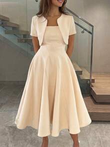 2pcs Elegant & Casual Minimalist Commute Office Daily Wear Dresses Set For Women, Spring/Summer - Champagne - View 2