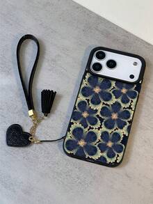 1pc Vintage Floral Pattern Litchi Texture Anti-Drop Anti-Slip Soft Phone Case + Heart-Shaped Lanyard, Compatible With Apple, Phones - Multicolor - View 1