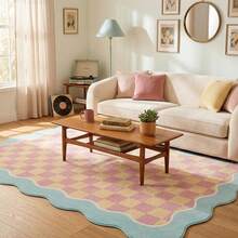 1pc Pink & Yellow Plaid Pattern Rug With Wavy Edges, Soft Lines And Rhythmic Design, Minimalist Yet Playful Modern Style, Multiple Sizes Available, Living Room Carpet, Area Rug, Room Decor, Large Size Carpet, Washable - Multicolor - View 2