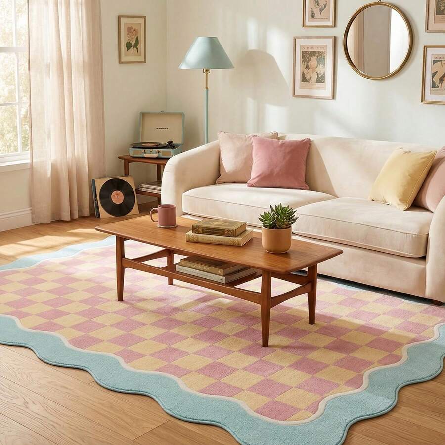 1pc Pink & Yellow Plaid Pattern Rug With Wavy Edges, Soft Lines And Rhythmic Design, Minimalist Yet Playful Modern Style, Multiple Sizes Available, Living Room Carpet, Area Rug, Room Decor, Large Size Carpet, Washable