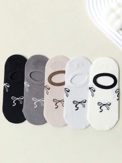 5 Pairs Women's Bow Tie Short Socks, White/Black/Gray Invisible Socks, Minimalist Solid Color Casual Everyday Wear