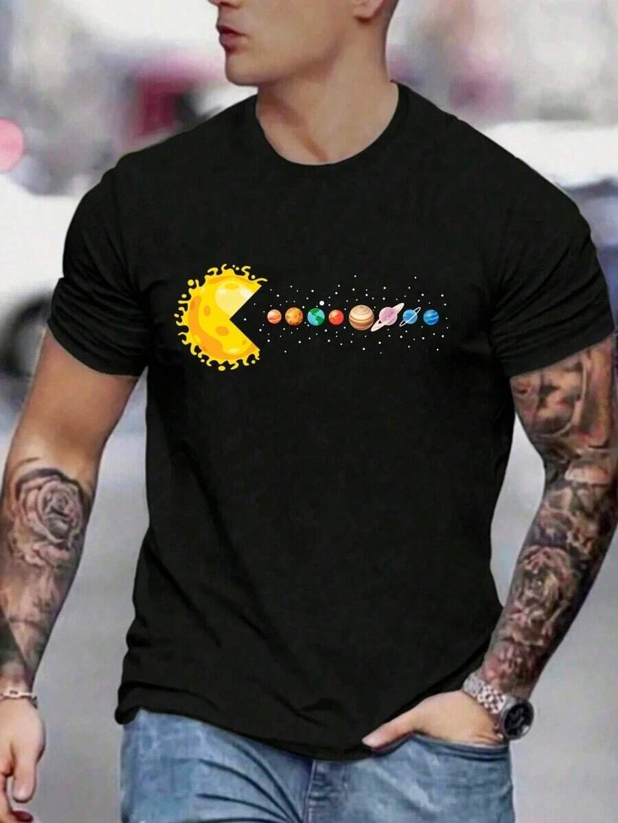 Men's Casual Short-Sleeved T-Shirt With A Round Neck And Fun Planet Print, Suitable For Street Wear, Outdoor Activities, Layering, And Everyday Use. - 黑色 - 查看 1