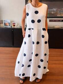 Women's Dress Summer Printed Polka Dot Crew Neck Sleeveless Casual Cotton And Linen Dress Women - trắng - Xem 2