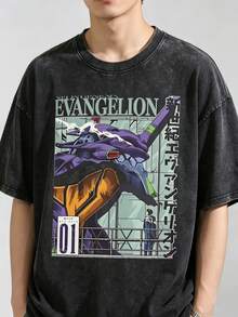 Vintage Washed Evan Gelion Unit-01 T-Shirt | Anime Graphic Tee | 100% Cotton Oversized Streetwear - Black - View 3