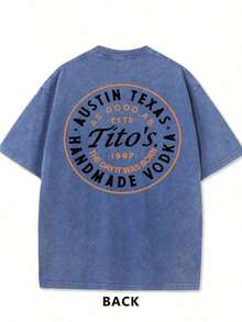 NUDEA 1pc Valentine's Day, Tito's Handmade Vodka Print Washed Oversized Graphic Tee, Retro, Casual, Suitable For Date Night Women Outfit,  Tops Women, Party Outfits - 寶藍色 - 查看 4