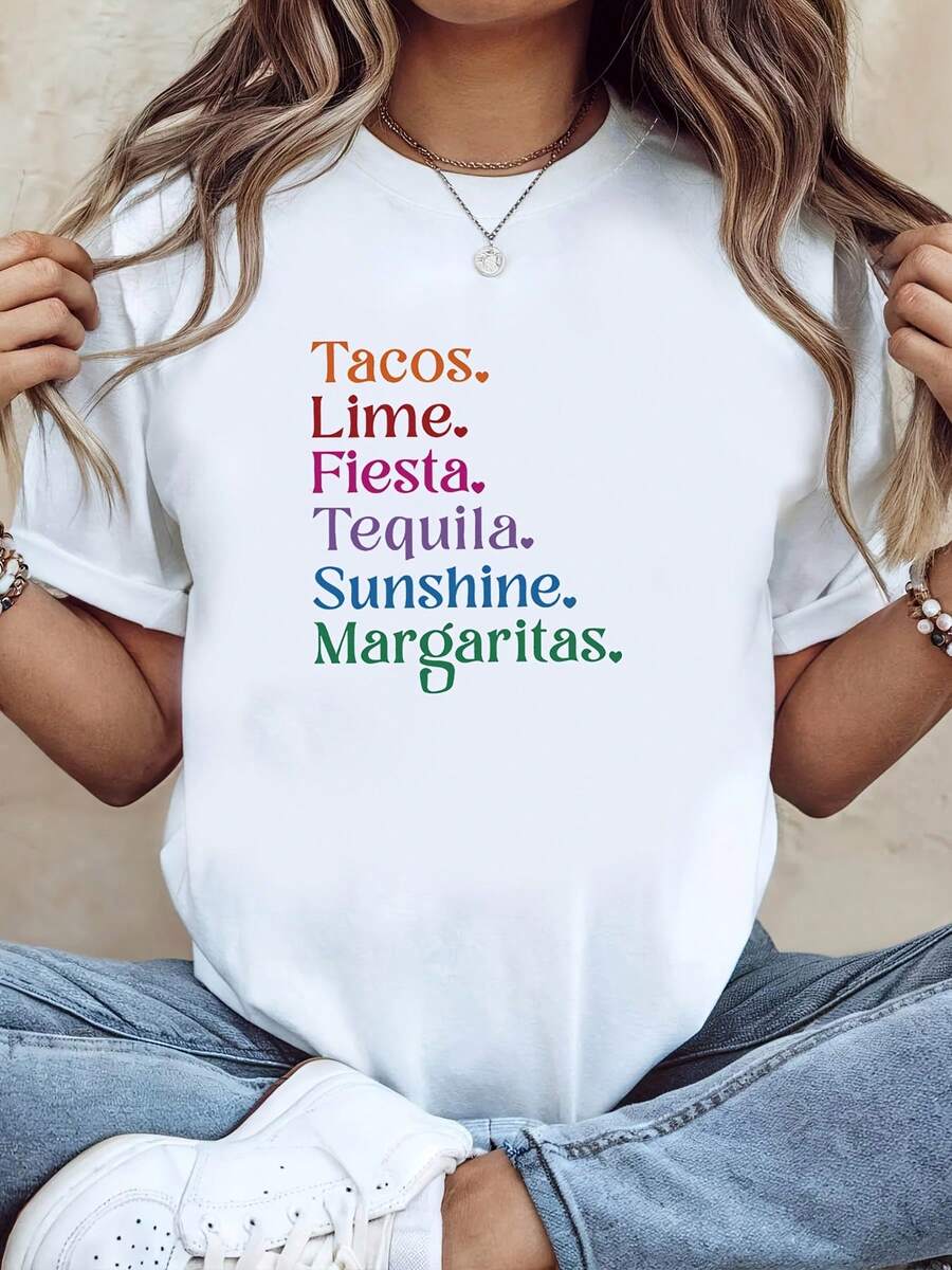 Plus Size - Plus Size - Plus-Size T-Shirt With A Mexican Vacation Theme Featuring Tacos, Lime, Fiesta, Tequila, Sunshine, And Margaritas. It Is A White Short-Sleeve Round-Neck Printed Tee That Is Hine Washable, Suitable For Spring, Summer - 白色 - 查看 1