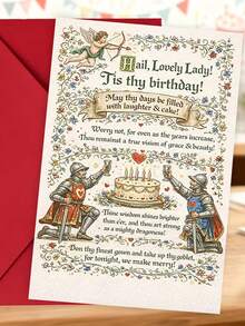 1 Stück, elegante mittelalterliche "Lovely Lady" Geburtstagskarte. Inklusive Umschlag, hochwertiges Kunstdruckpapier. Verzierter Blumenrand & mittelalterliches Textdesign. Perfekt für Frauen - die ideale zeitlose Geburtstagskarte (12cm/4,7in X 17cm/6,7in) - Roter Umschlag - Übersicht 3