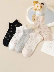 5 Pairs New Summer Women's Mesh Floral Ankle Socks, Vintage Delicate Floral Socks, Suitable For Casual Daily Wear, Random Colors - Multicolor - View 1