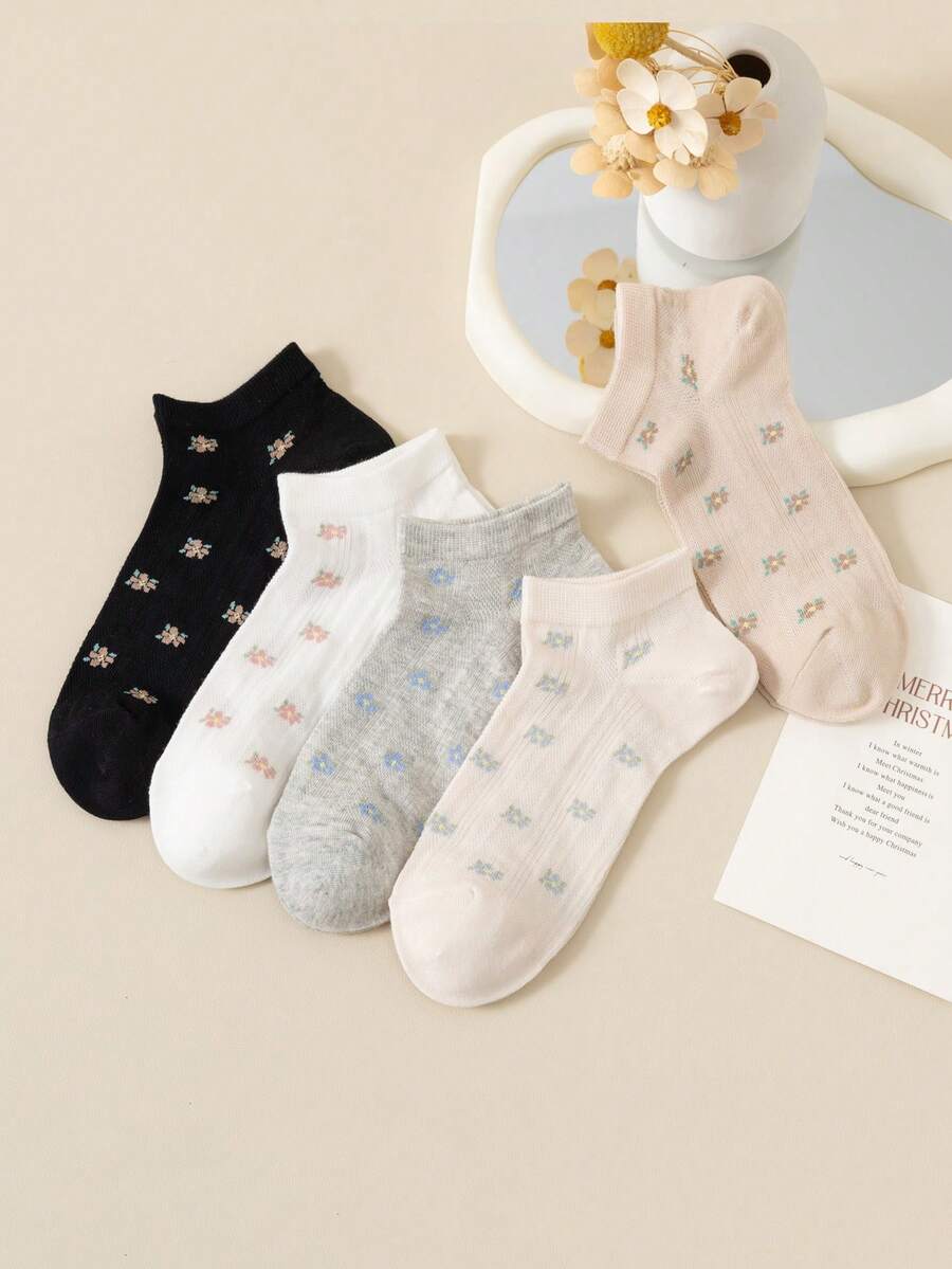 5 Pairs New Summer Women's Mesh Floral Ankle Socks, Vintage Delicate Floral Socks, Suitable For Casual Daily Wear, Random Colors - Multicolor - View 1