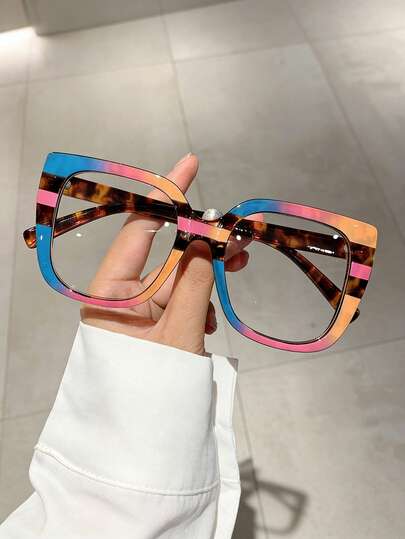 1 คู่ แว่นตา Cat Eye แบบไม่มีใบสั่งยาสำหรับผู้หญิง, ดีไซน์ลายเสือดาวทันสมัย, แว่นตาตกแต่งแบบไม่มีใบสั่งยาระดับไฮเอนด์