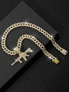 Men's Personalized Street Style Gun Pendant Necklace, Fully Iced Cuban Chain, Shiny Jewelry For Nightclub Hip-Hop, Unique Gift For Him - Gun Pendant Necklace - View 15
