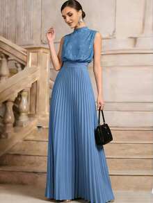 Vestido de noche formal de encaje y parches con botones, sin mangas para fiesta de boda - Celeste - Ver 3