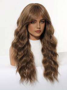 22 Inch Long Water Wave Wigs With Medium Part Bangs For Women, Honey Brown Synthetic Wig, Heat Resistant Natural Looking Curly Fake Hair For Daily Party Cosplay - Brown - View 4