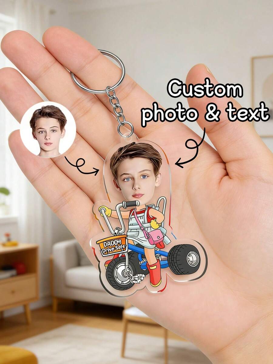 1 pieza Llavero acrílico personalizado con foto & texto de triciclo infantil caricatura – Llavero de coche personalizado "Papá conduce", regalo personalizable con nombre/texto, vuelta al colegio - Multicolor - Ver 1
