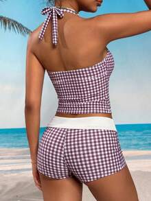 Bộ bikini nữ màu nâu kẻ caro năm 2026 với áo hai dây, đồ bơi thể thao phong cách retro, phụ kiện cần thiết cho bãi biển, phong cách nghỉ dưỡng thành thị. - màu cà phê trắng - Xem 3