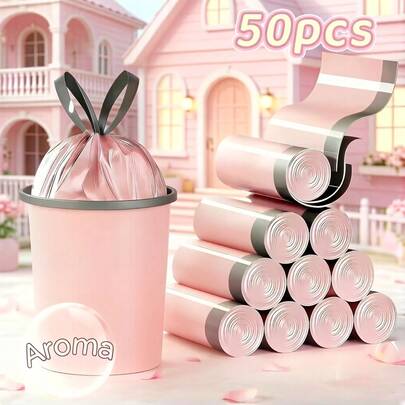50 Pieces Of Iceberry Pink Scented Drawstring Trash Bags, Automatic Closure, Odor-Proof, Large Capacity, Durable Plastic Bags