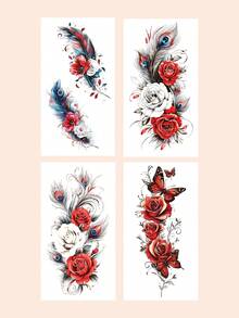 4 Sheets Big Size Body Art Temporary Tattoo Stickers For Women, Red Black Flowers Feather Butterfly Mixed Pattern, Waterproof Fake Tattoo, Lasts 2-5 Days, Covering Scars,Can Be Used On Arms Wrist Shoulders Legs Waist Neck Hand Chest Thighs Finger Ankle, Suitable For Parties, Gifts, Vacations, Body Decoration,Sketch Style - Multicolor - View 8