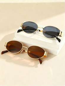 2 piezas Gafas de moda ovaladas de metal personalizadas, estilo retro, adecuadas para mujeres, vacaciones de verano en la playa, viajes al aire libre, accesorio de moda para viajar - Multicolor - Ver 12