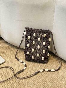 Bolso de teléfono estilo bohemio con cuentas y conchas marinas tejidas huecas, bolso bandolera de playa para primavera/verano - Café - Ver 3