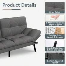Futon Sofa Bed Convertible Couch Grey Linen Sofa Bed with Memory Foam Adjustable Backrest and Armrests Multifunctional Small Loveseat Sleeper Sofa for Living Room Apartment Office - Gris claro A2 - Ver 6